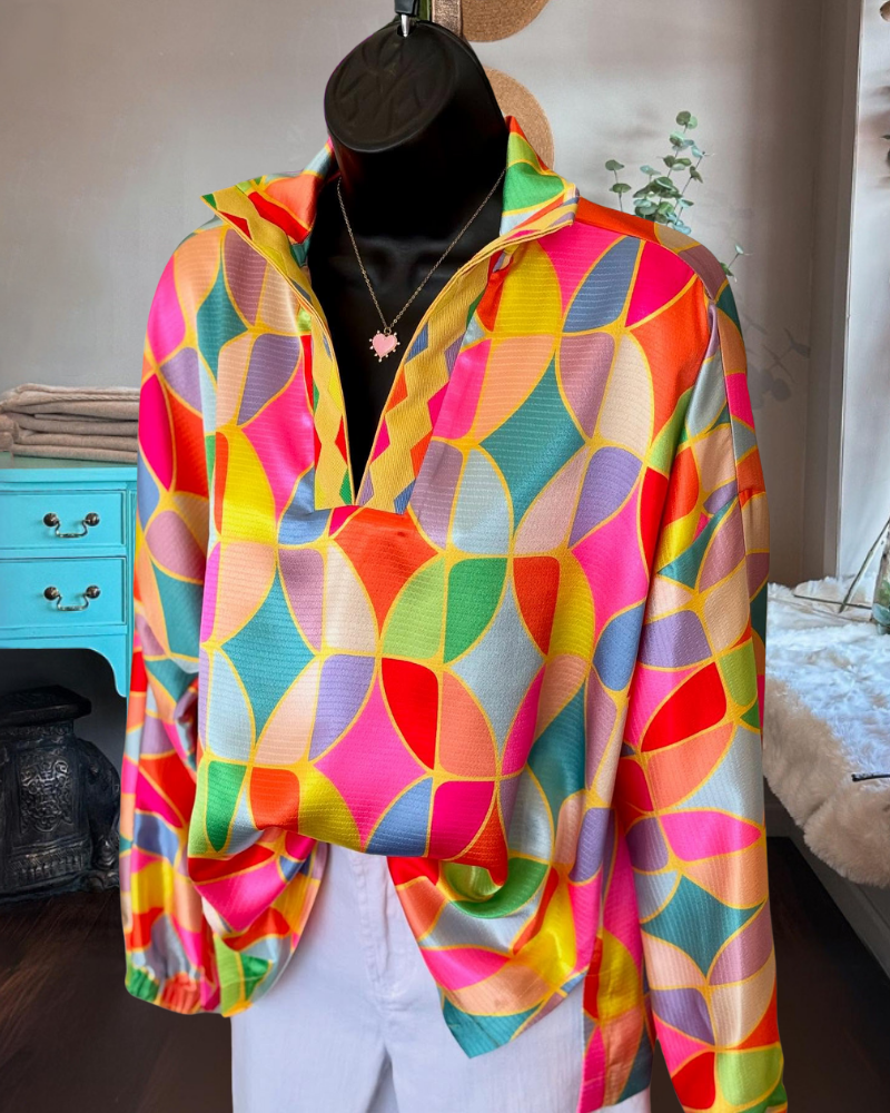 Bright Colorful Geometric Satin Top