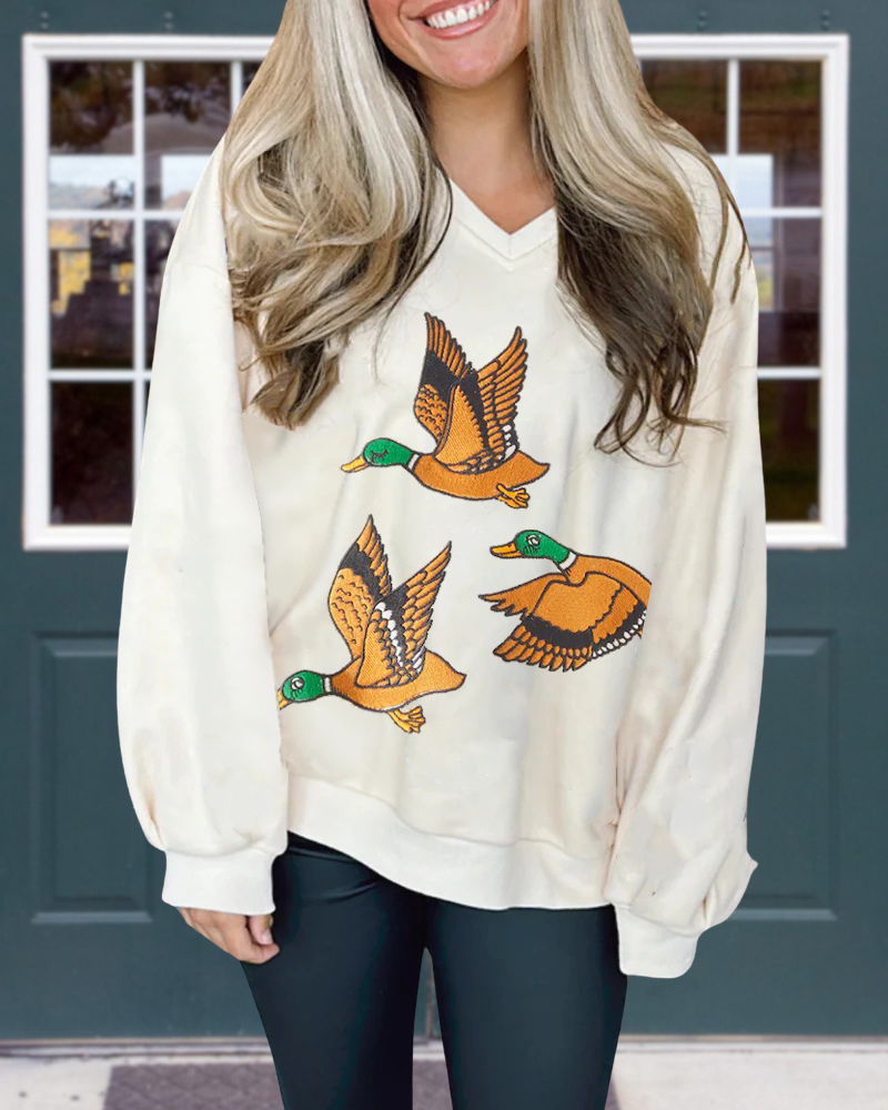 Duck Embroidered V-Neck Sweatshirt
