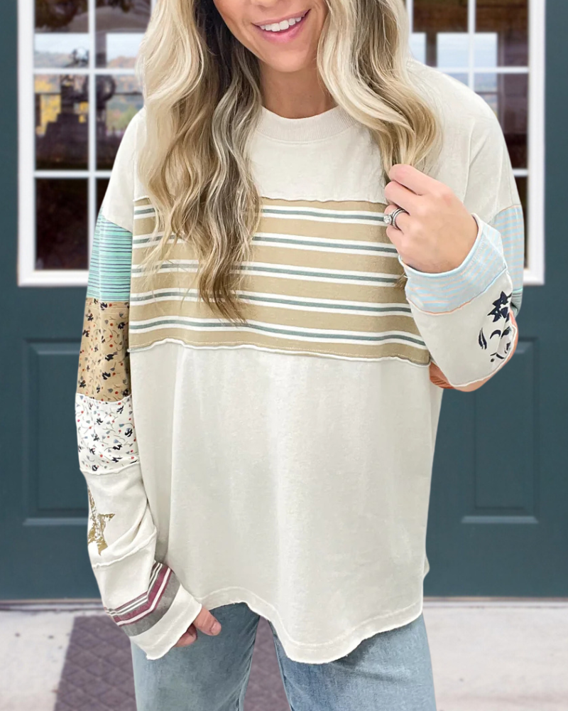 Striped Paneled Crew Neck Top