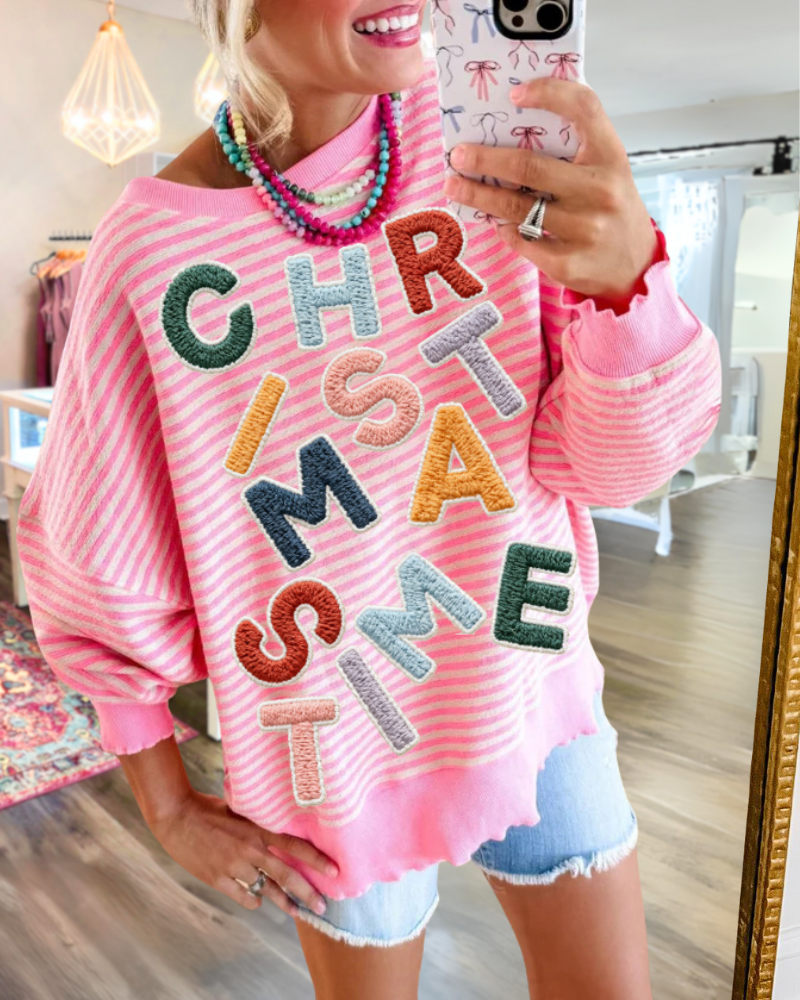 Christmas Time Embroidered Striped Sweatshirt