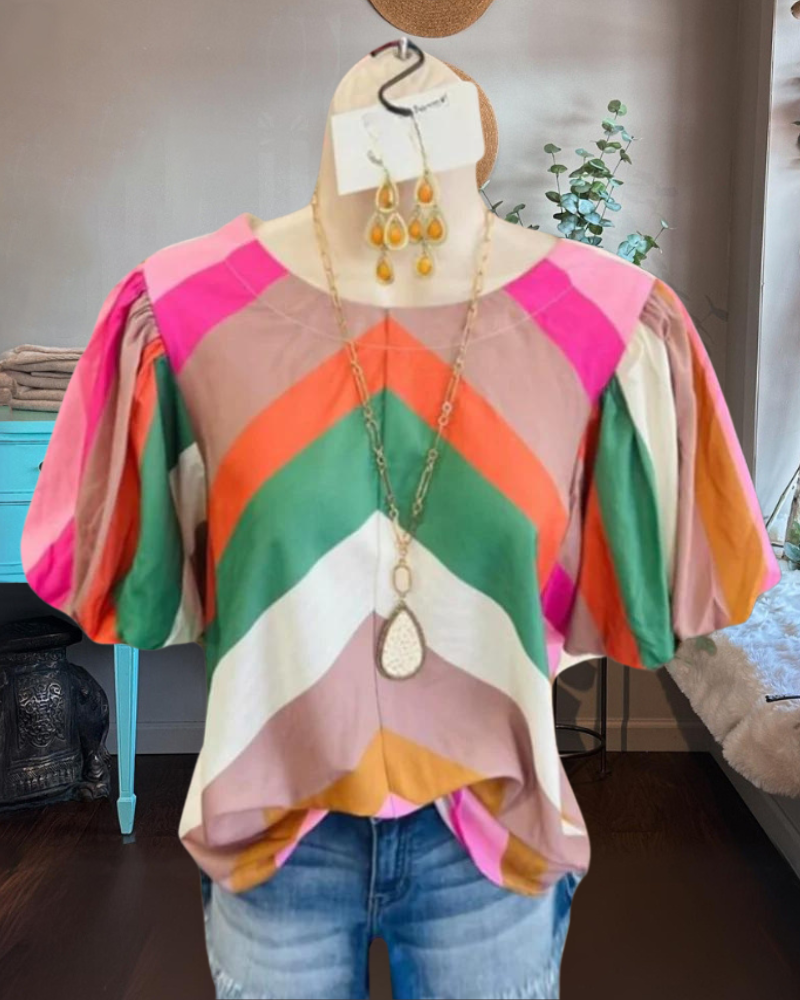 Multi Color Striped Puff Sleeve Top