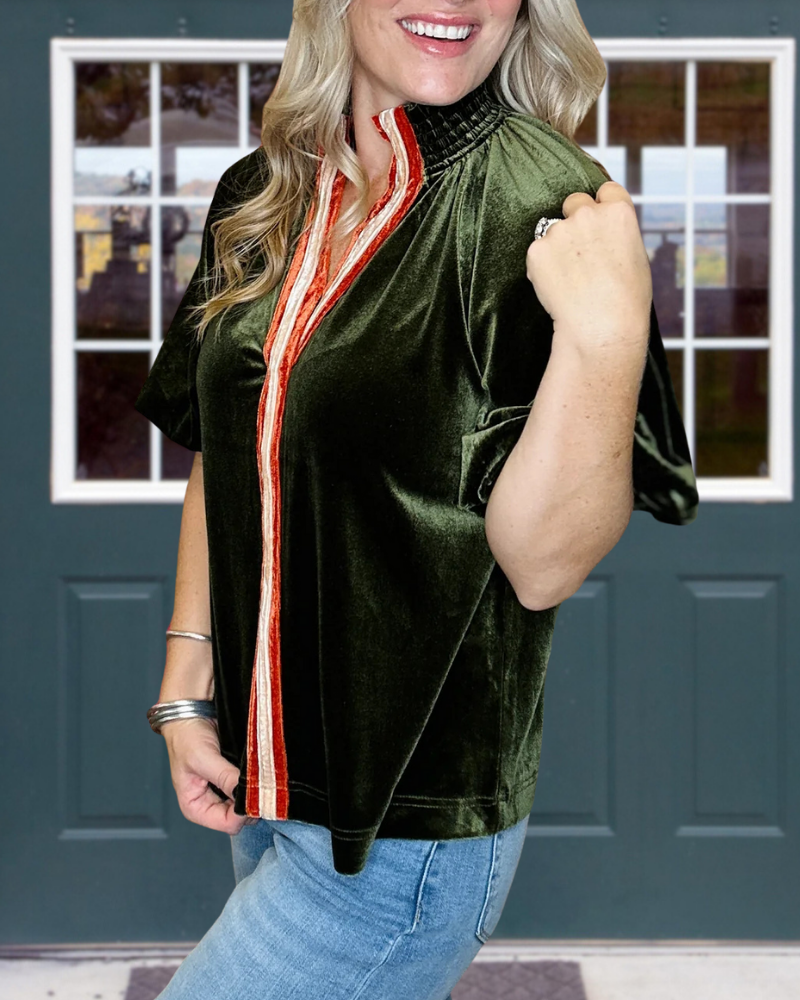 Retro Striped Velvet V-Neck Top