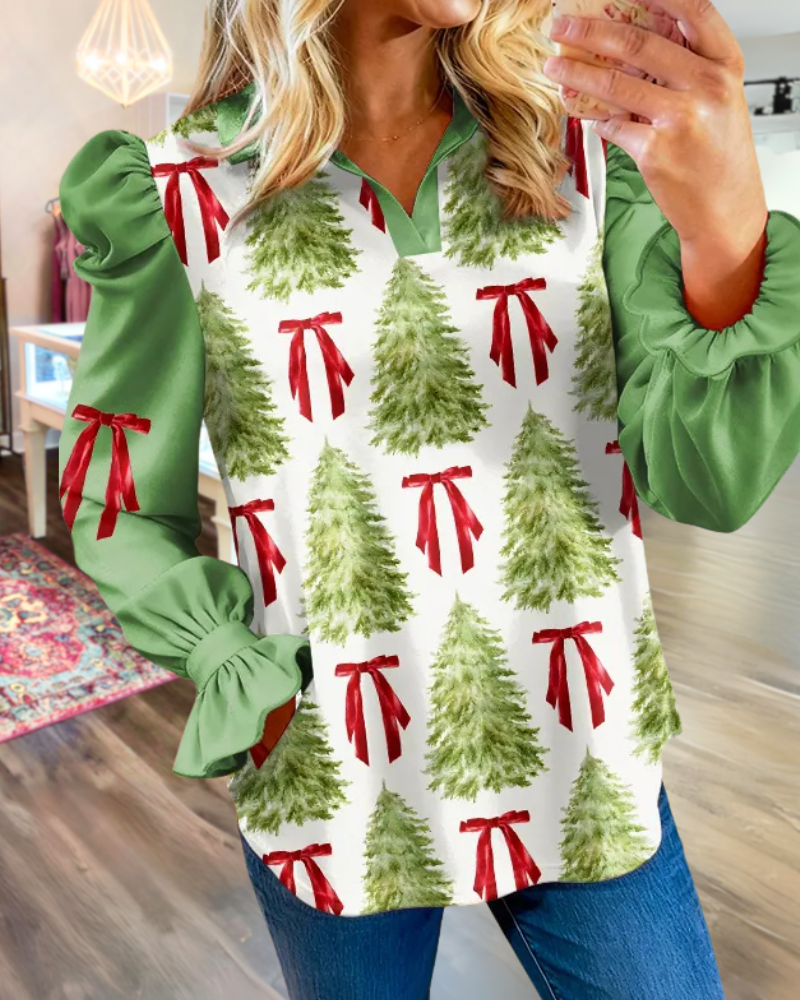 Christmas Tree Bow V-Neck Top
