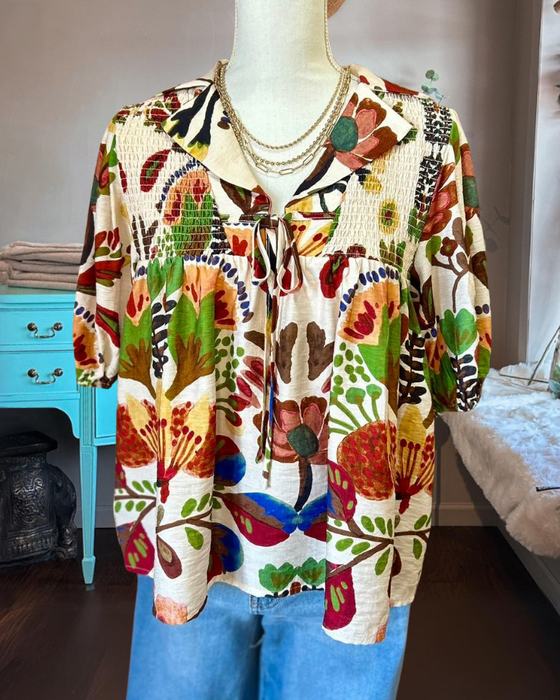 Nature Floral Leaves Pleated Top