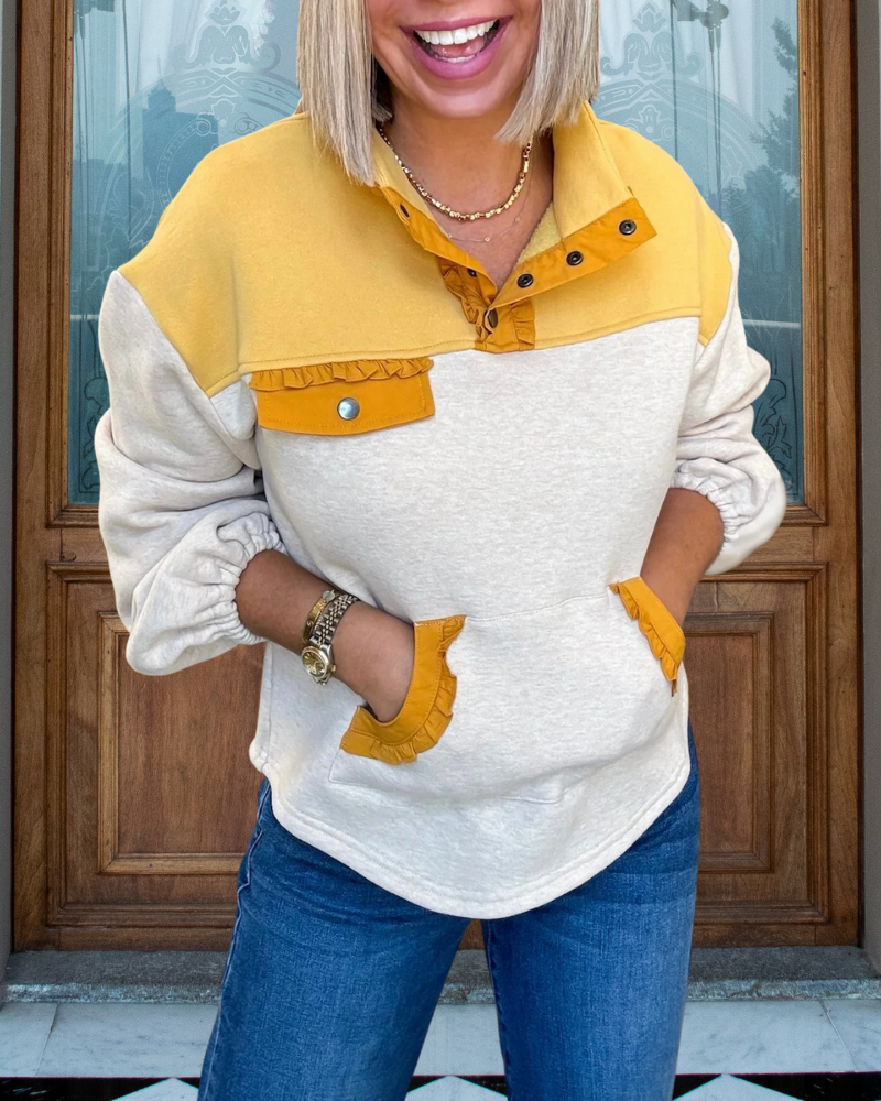 Trendy Colorblock Ruffle Trim Pullover