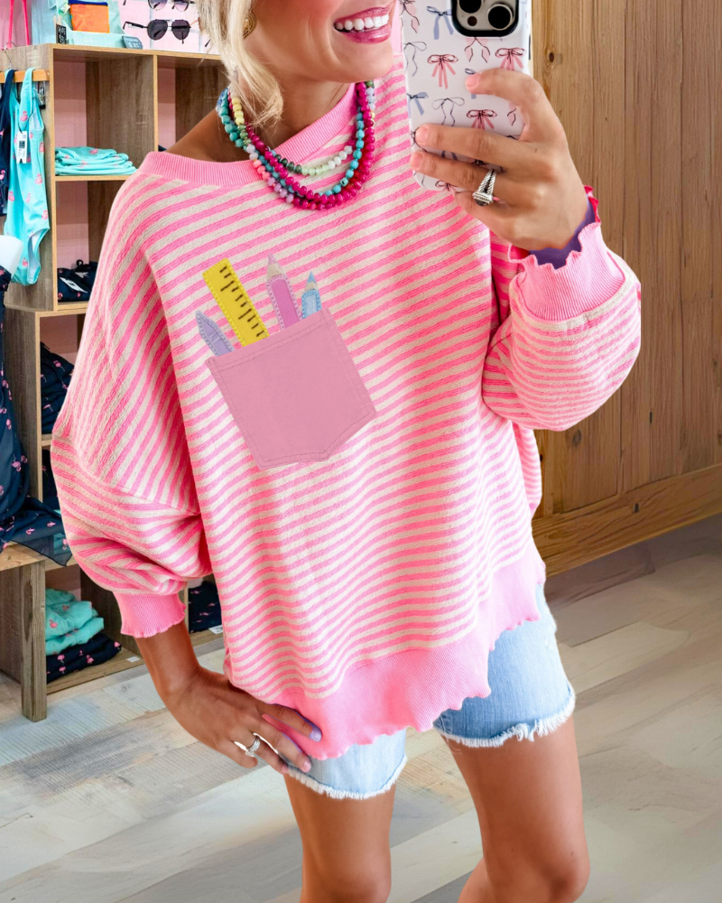 Pencil Pocket Embroidered Striped Sweatshirt