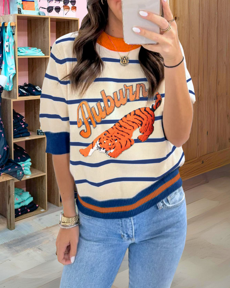 Auburn Tiger Embroidered Striped Sweater