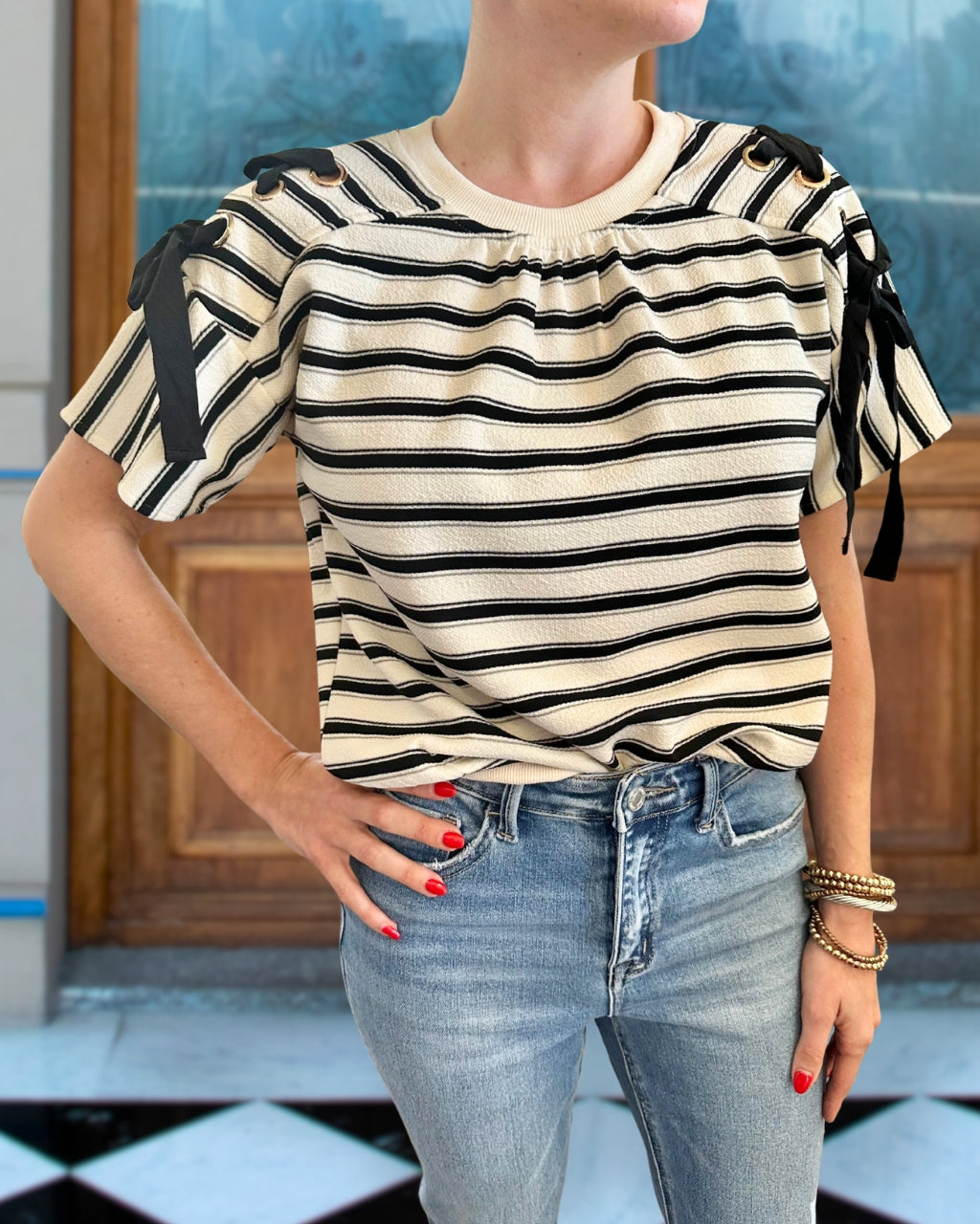 Striped Lace Up Top