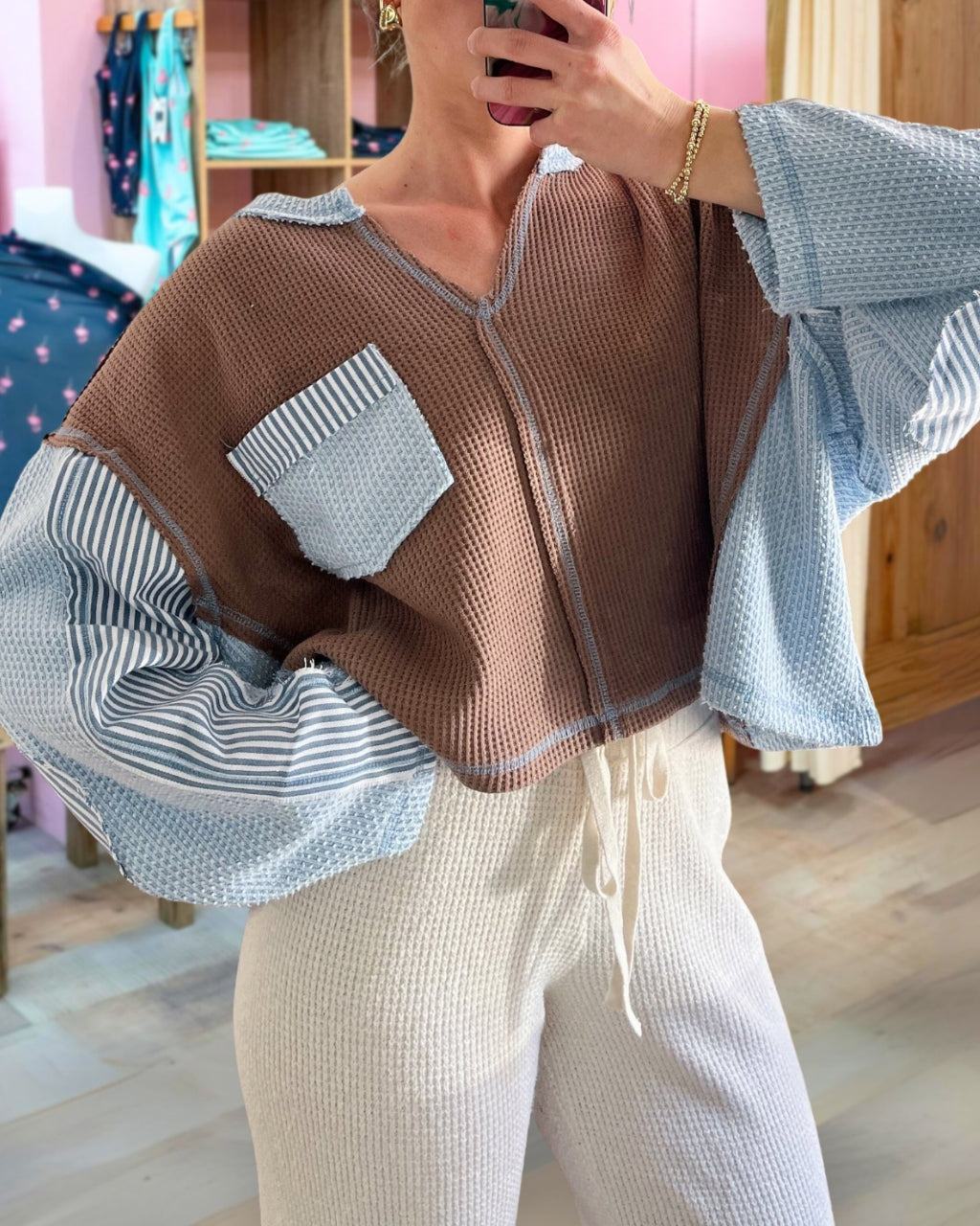 Chic Waffle Striped Henley Top