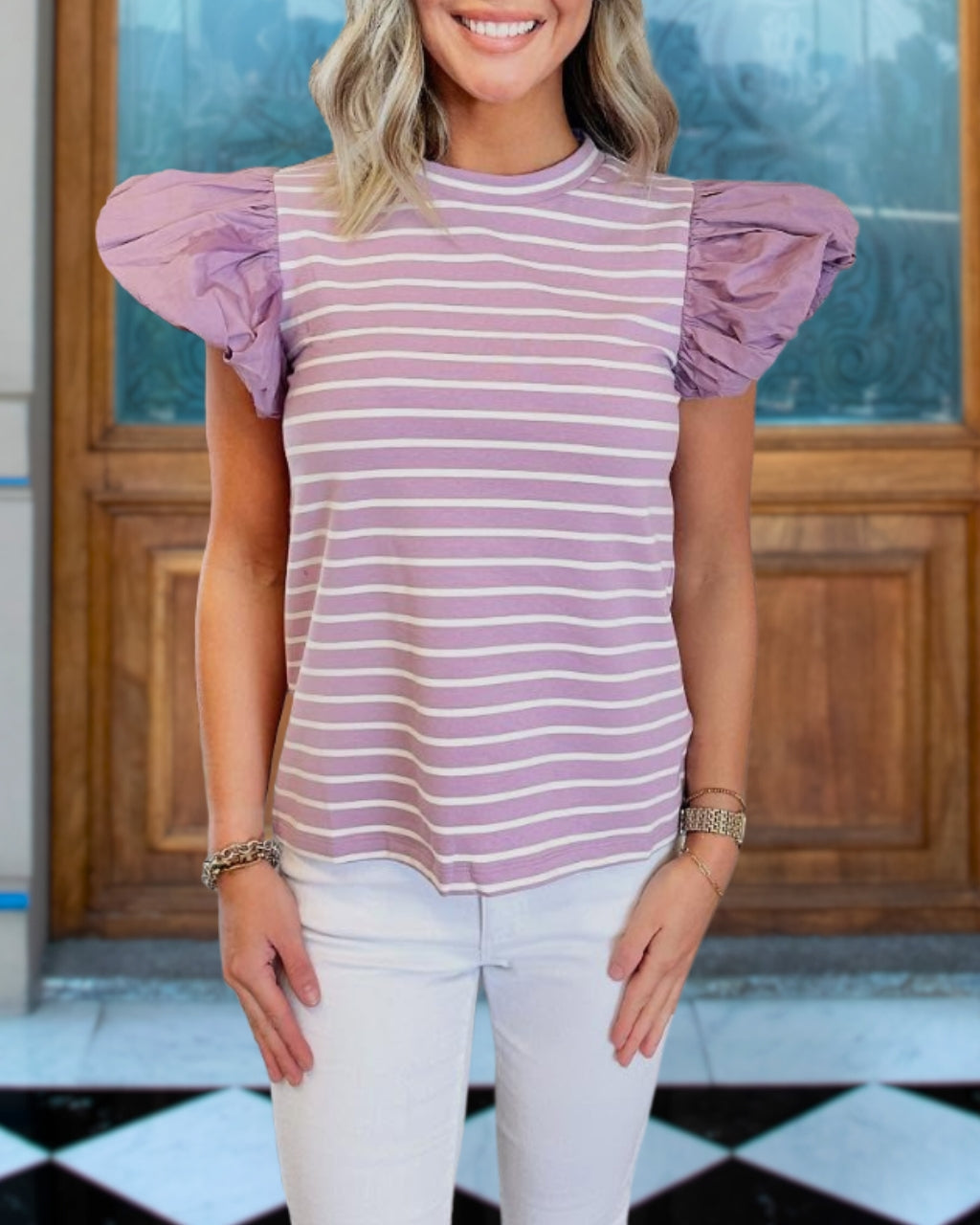 Stripe Puff Ruched Sleeve Top
