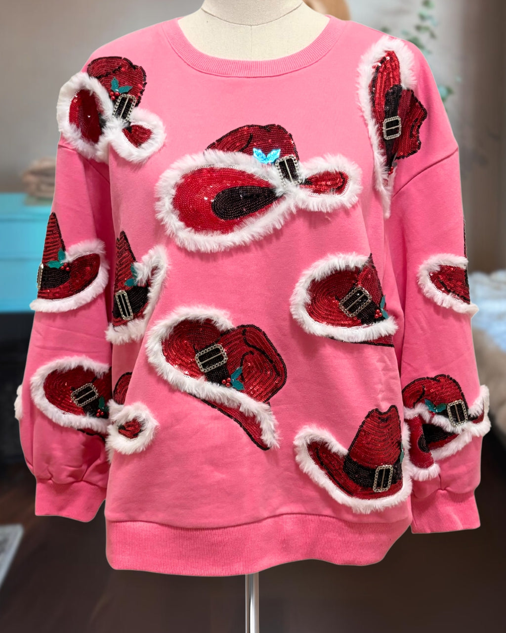 Chic Sequined Christmas Cowboy Hat Sweatshirt