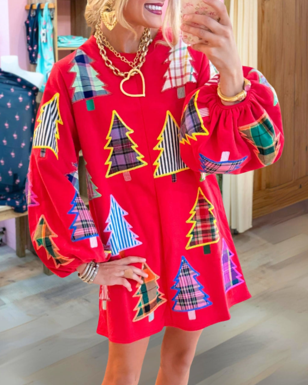 Chic Christmas Tree Embroidered Patch Dress