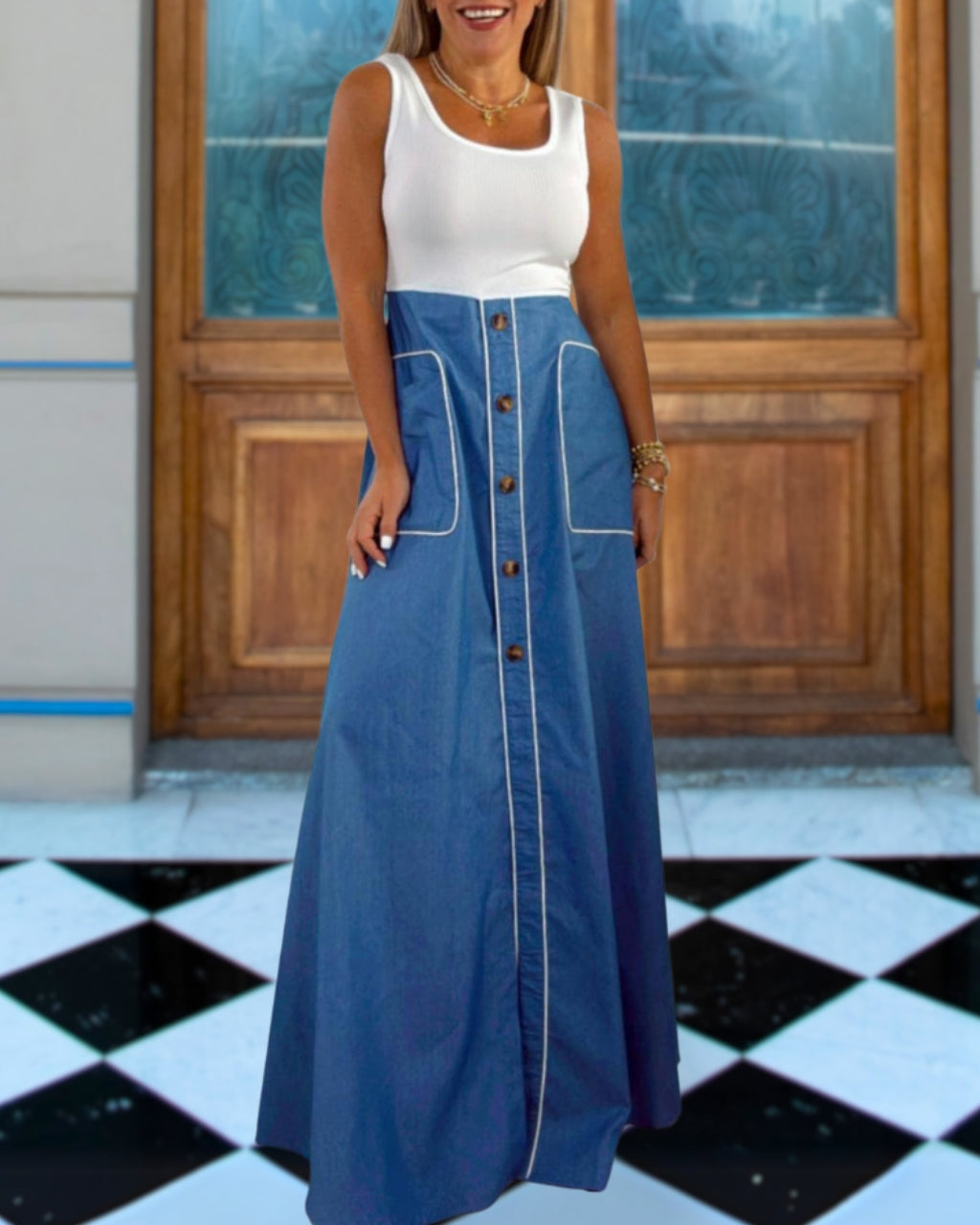 Tank Patchwork Denim Maxi Dress