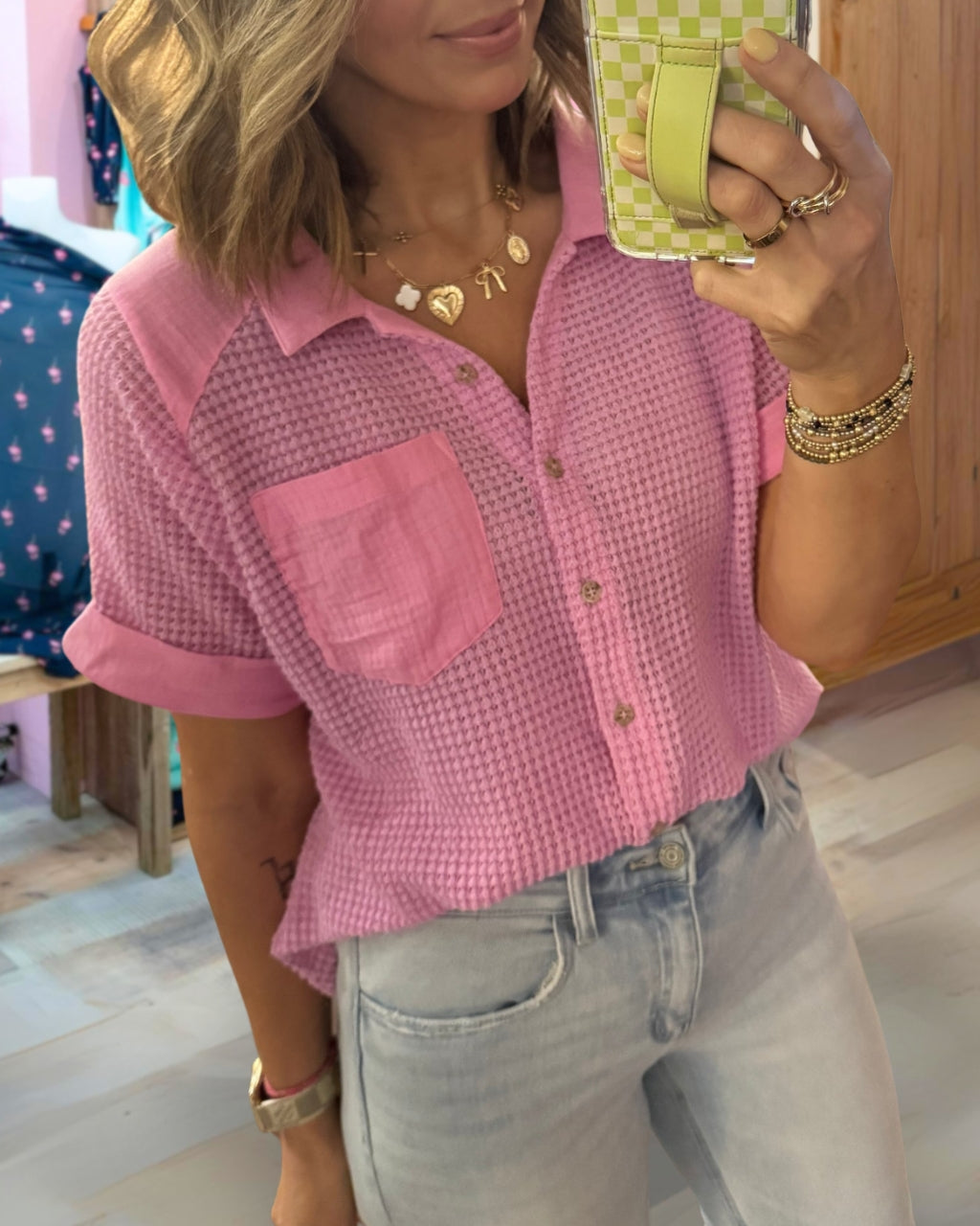 Gauze Waffle Button Down Top