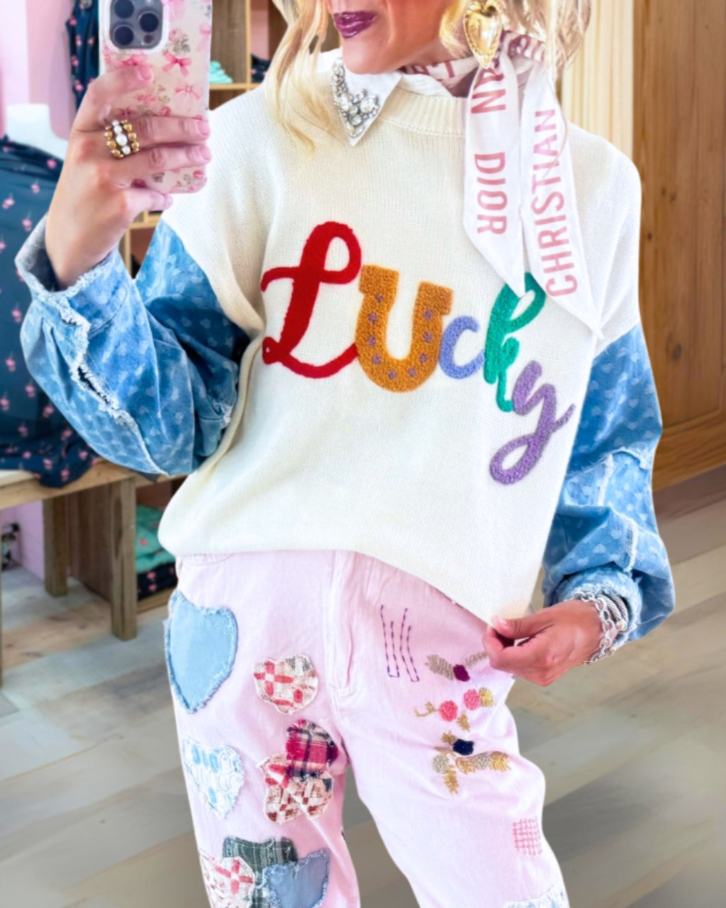 Lucky Towel Embroidery Denim Sleeve Sweatshirt