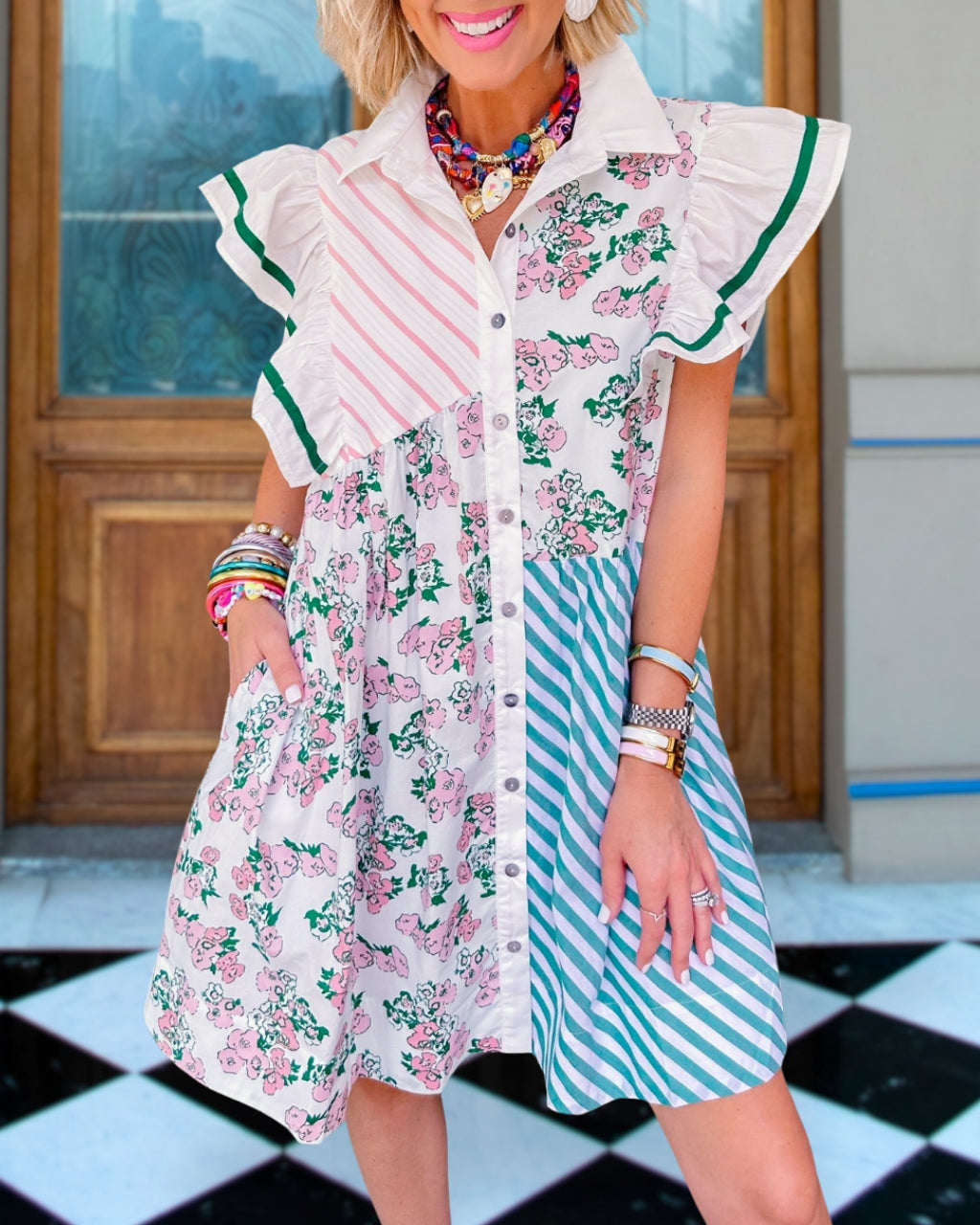 Roman Patchwork Striped Floral Dress