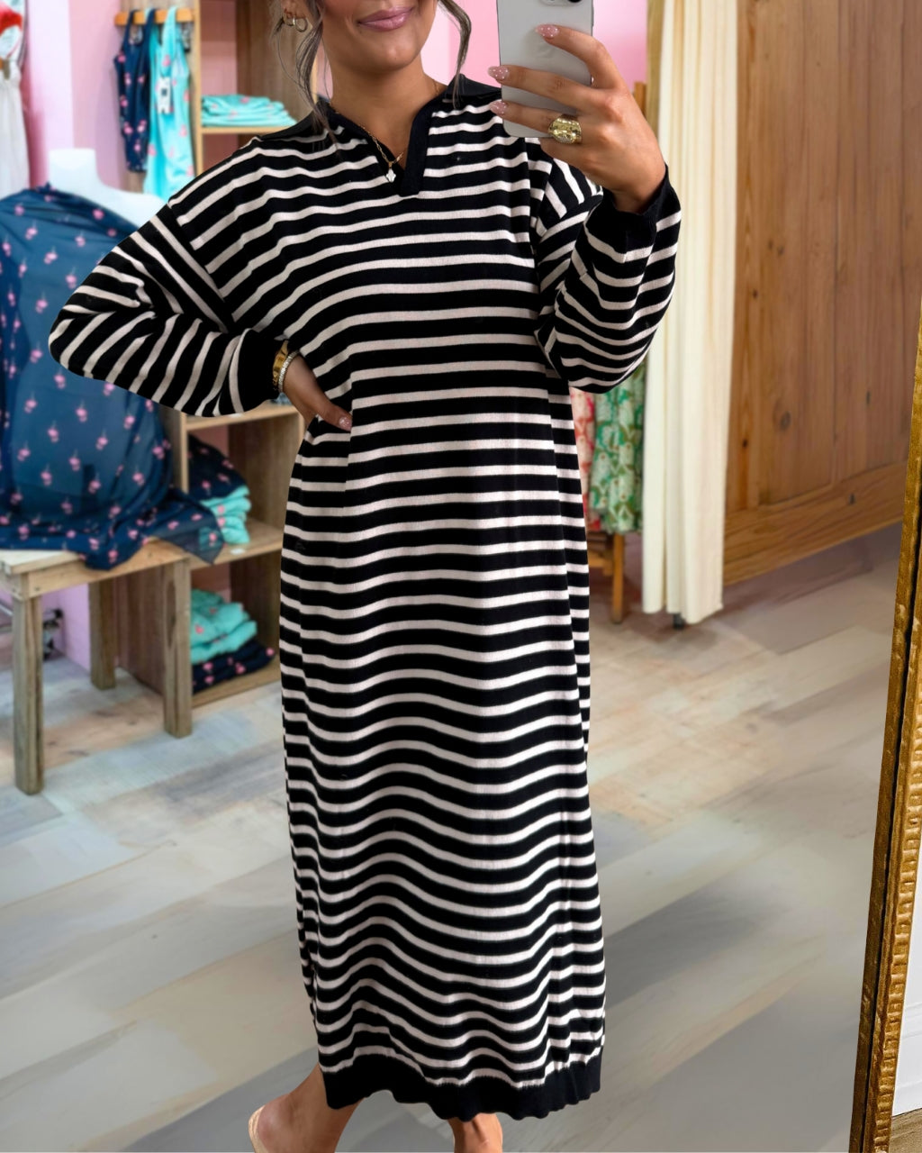 Fashionable Collared Striped Dress