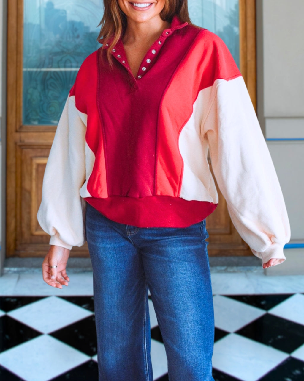 Chic Button Accent Colorblock Sweatshirt