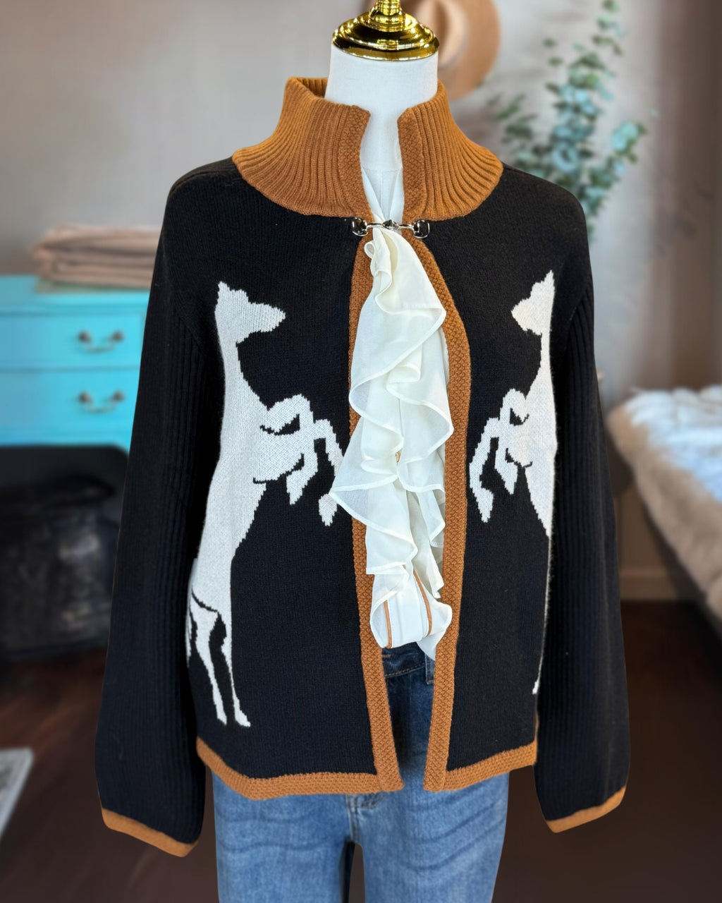 Trendy Horse Embroidery Knit Cardigan