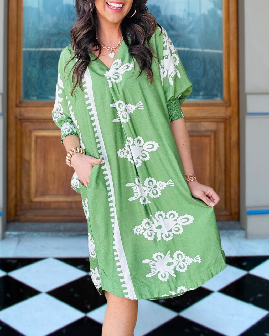 Abstract Print Smocked Sleeve Midi dress