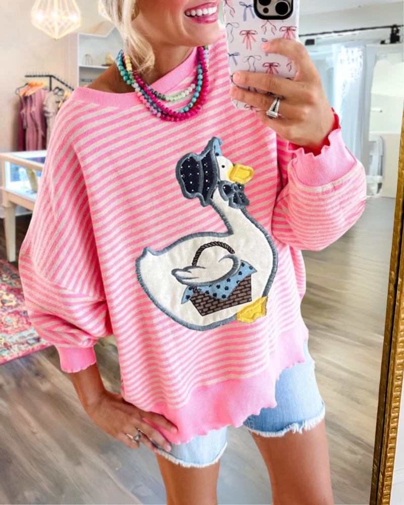 Funny Duck Patch Striped Sweatshirt