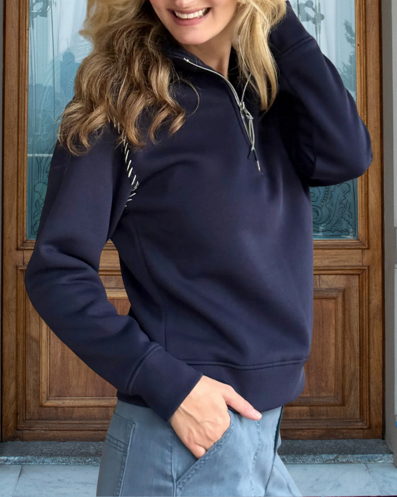 Simple Half-Open Collar Zip Pullover