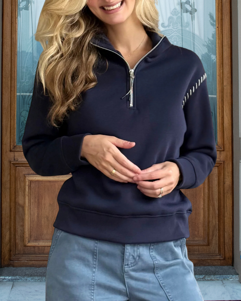 Simple Half-Open Collar Zip Pullover