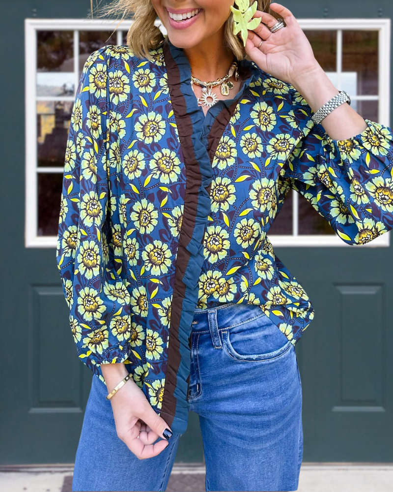 Floral Ruffle V-Neck Satin Top