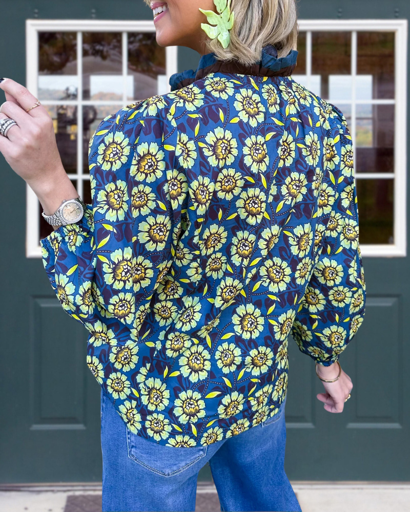 Floral Ruffle V-Neck Satin Top