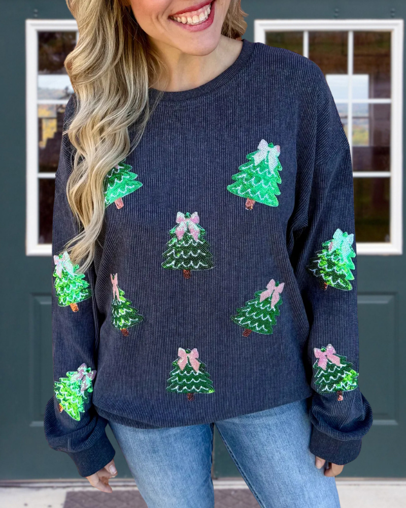 Christmas Tree Sequined Ribbed Sweatshirt