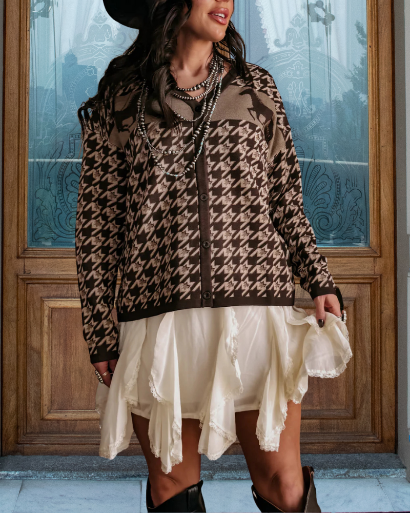Stylish Houndstooth Horse Cardigan