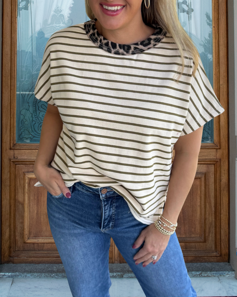 Leopard Trim Striped T-shirt