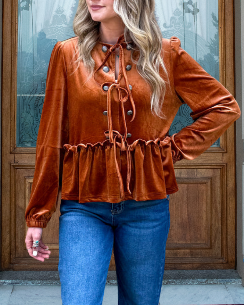Elegant Lace-Up Velvet Blouse