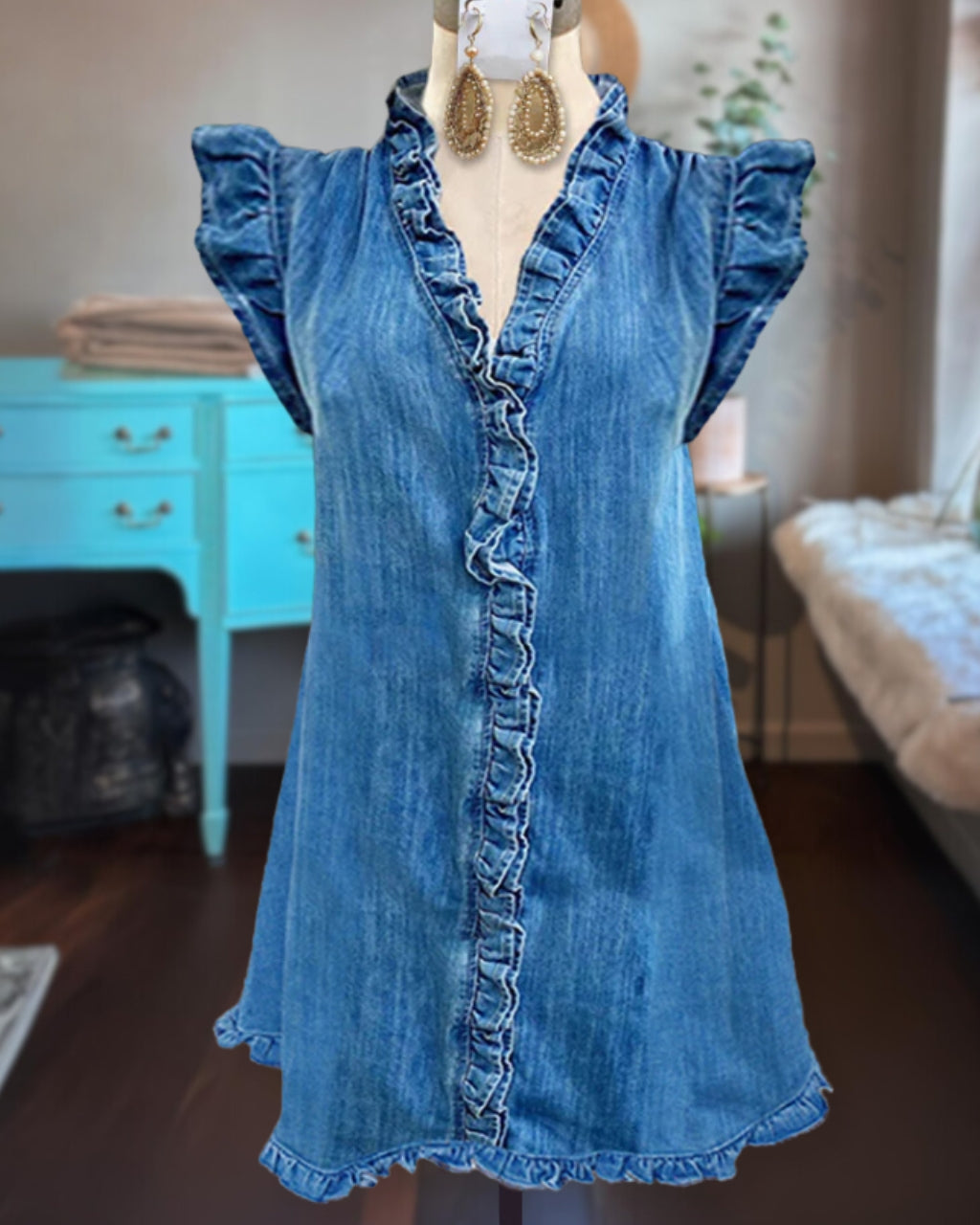 Cute Ruffled Denim Mini Dress