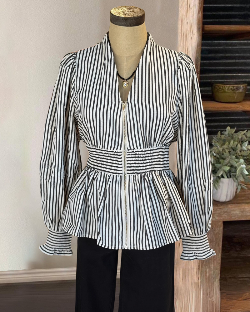 Classic Stripe Zip-Up V-Neck Top