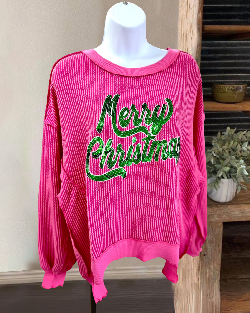 Merry Christmas Sequin Ribbed Top