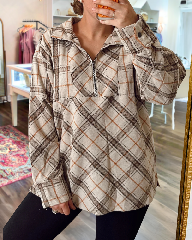 Plaid Half-Zip Woolen Pullover