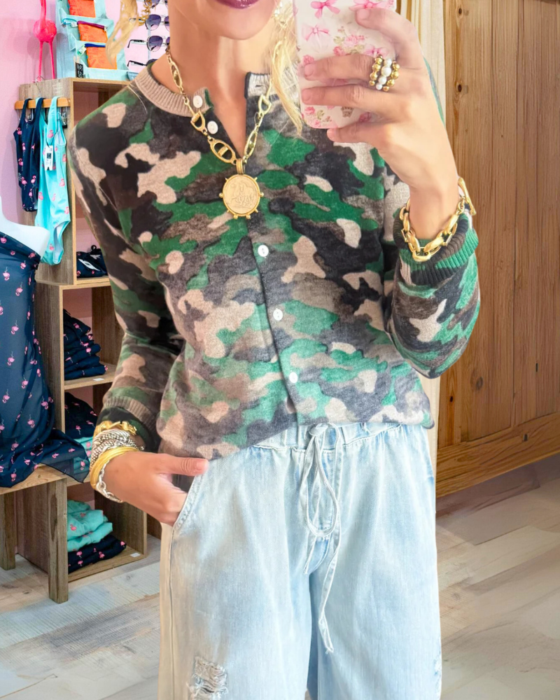Camouflage Ribbed Trim Cardigan Sweater