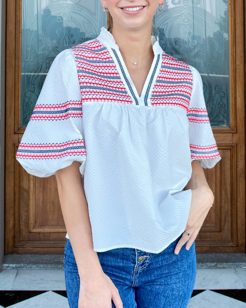 Textured Puff Sleeve V-Neck Top