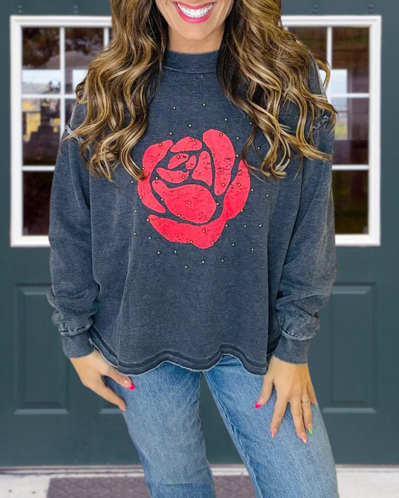 Rose Print Crew Neck Sweatshirt