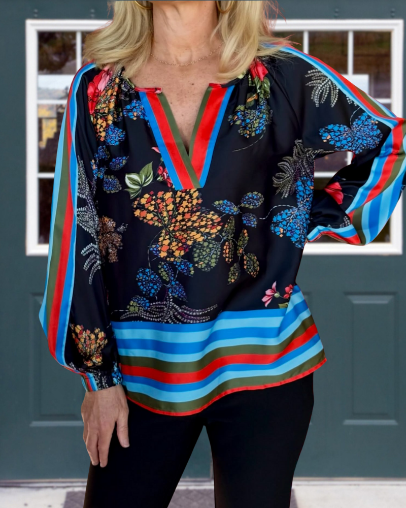 Floral Striped Satin V-Neck Top