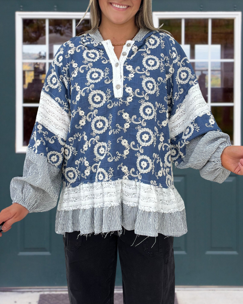 Floral Half-Button Ruffle Pullover