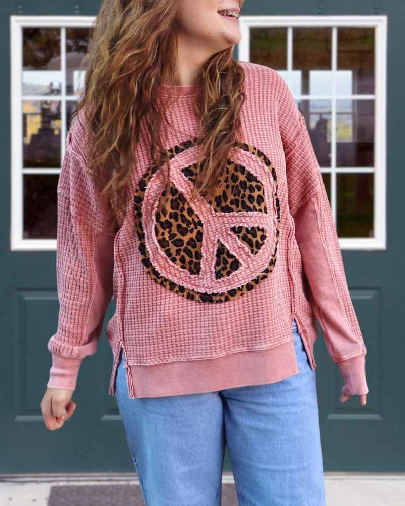 Peace Leopard Patch Waffle Sweatshirt