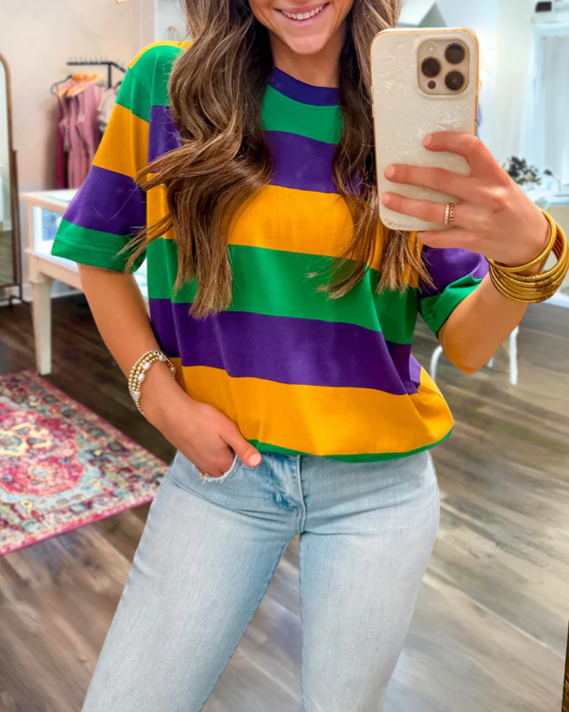 Mardi Gras Striped Crewneck Top