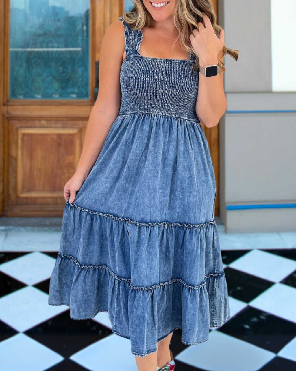 Smocked Denim Midi Dress