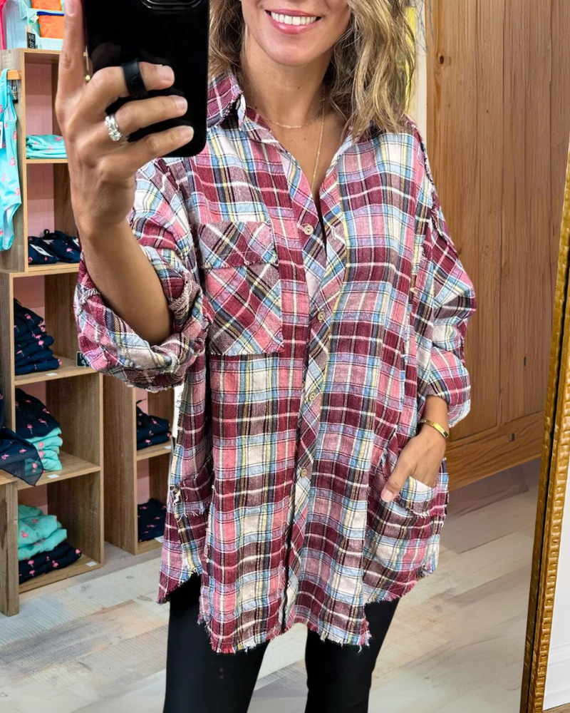 Frayed Hem Plaid Shirt