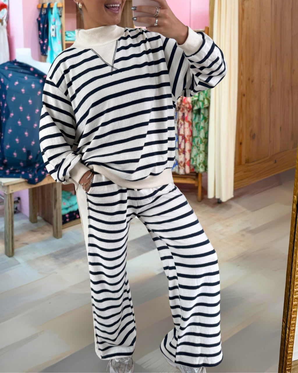 Chic Striped Mock Neck Lounge Set