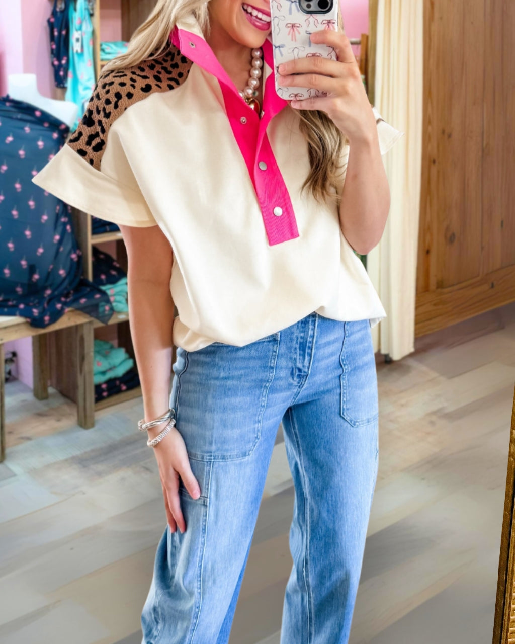 Patchwork Leopard Print Polo Top