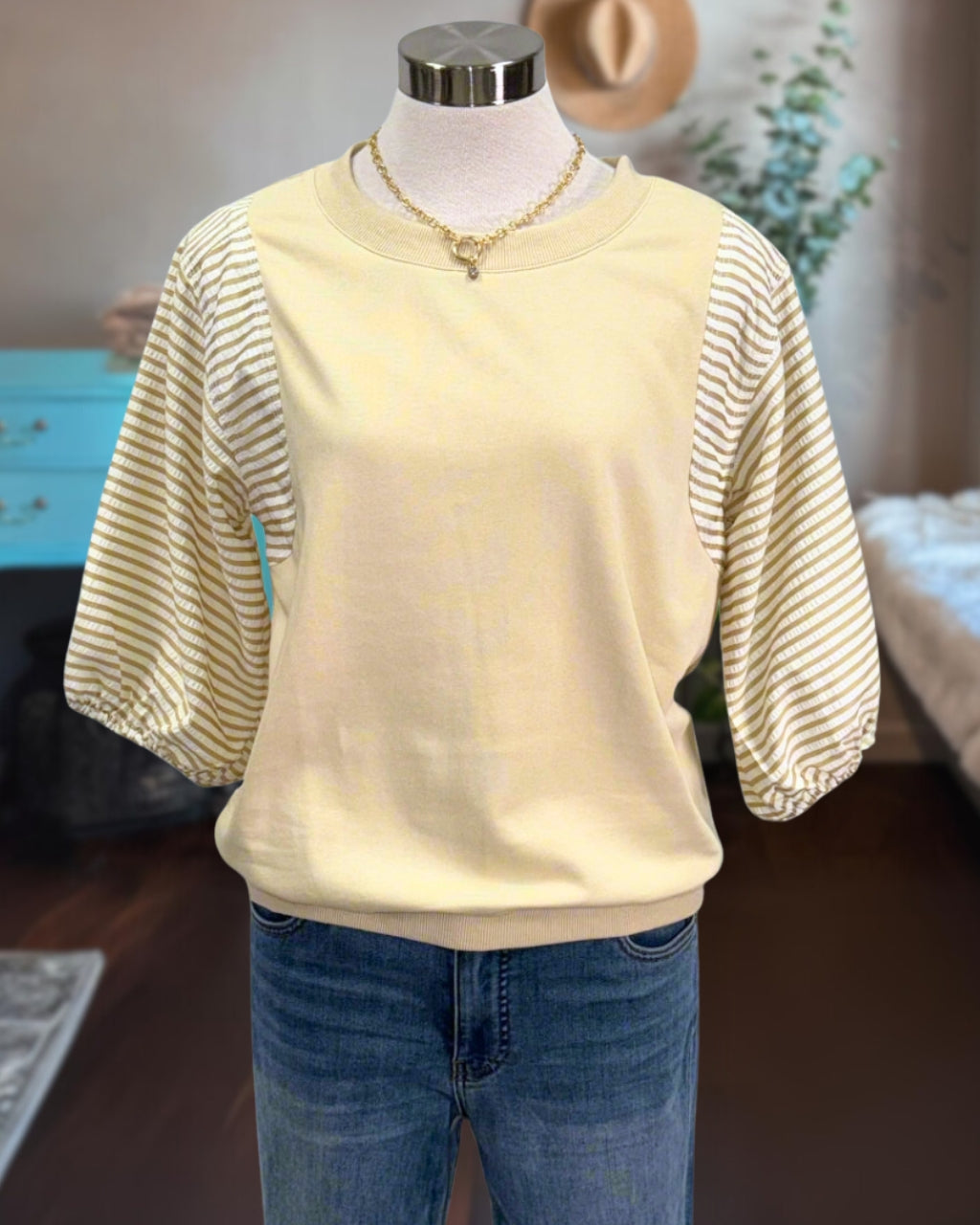 Striped Puff Sleeve Mixed Tee