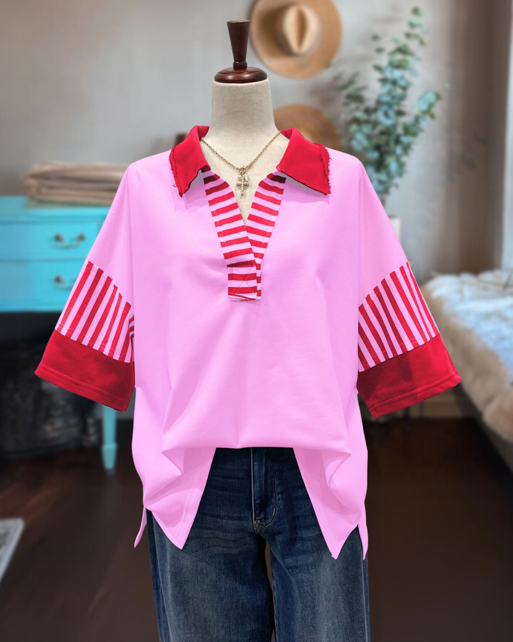 French Terry Knit Color-block Collared Tunic Top main image 1